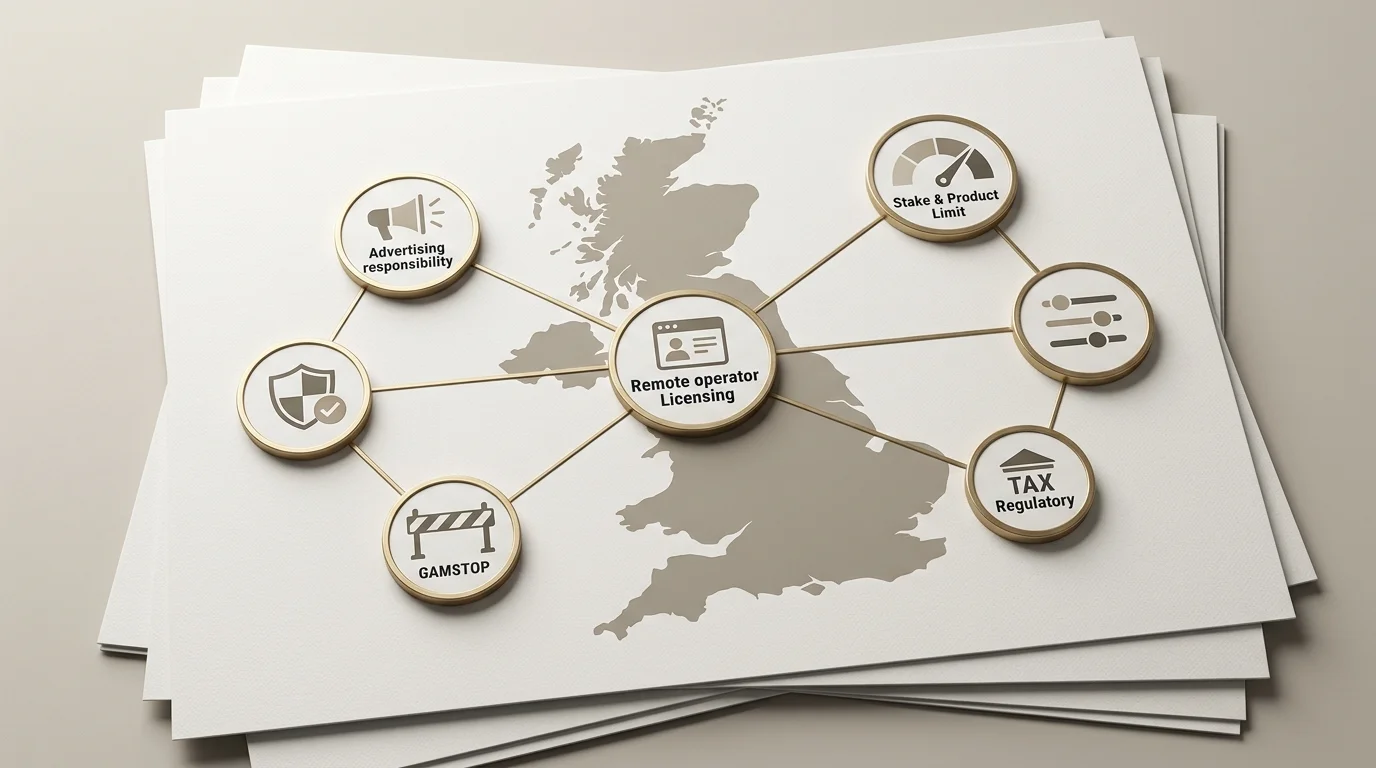 Regulatory context diagram for UK online casino rules and Golden Lion claim caveats